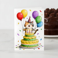 Whimsical Cat Party Hat Cake Balloons Birthday