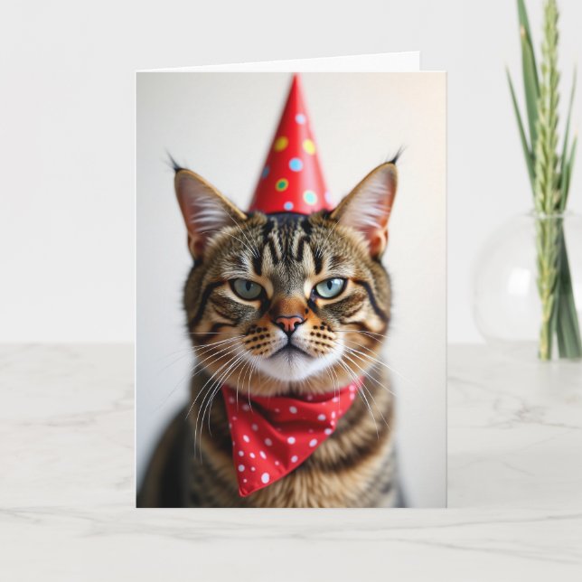 Whimsical Cat Party Hat Card (Front)