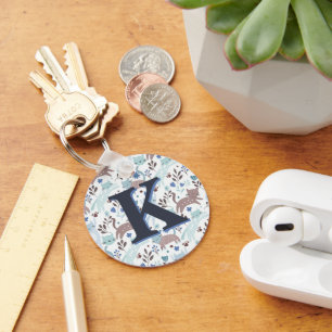 Whimsical Cat Pattern, Blue Gray Monogram Key Ring