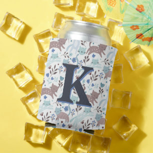 Whimsical Cat Pattern, Blue Grey Monogram Can Cooler