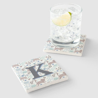 Whimsical Cat Pattern, Blue Grey Monogram Stone Coaster
