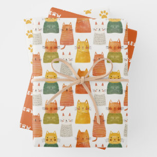 Whimsical Cat Pattern Feline Themed Colourful Wrapping Paper Sheet