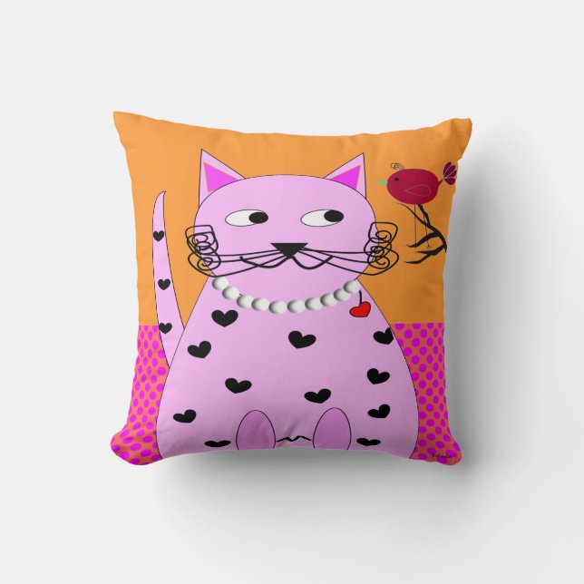 Whimsical Cat PIllow Fat Cat and Bird (Front)