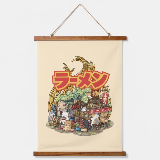  Whimsical Cat Ramen Noodle Stall Hanging Tapestry (Front)