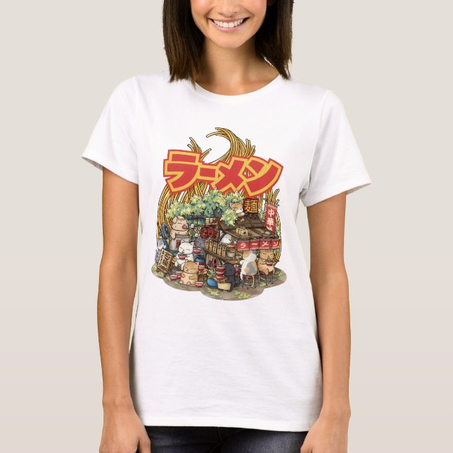 Whimsical Cat Ramen Noodle Stall T-Shirt (Front)