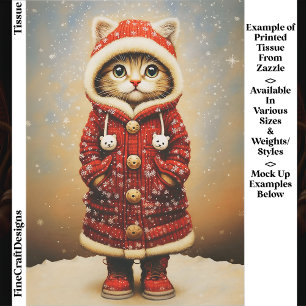 Whimsical Cat, Red Coat, Snow EJ5 Decoupage Tissue Paper