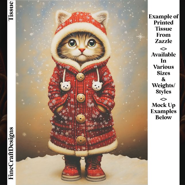 Whimsical Cat, Red Coat, Snow EJ5 Decoupage Tissue Paper (Creator Uploaded)
