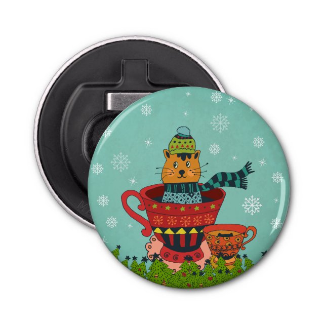 Whimsical Cat Sitting in a Teacup Christmas Bottle Opener (Front)