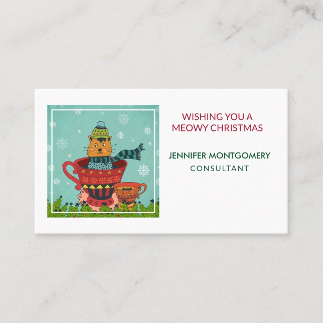 Whimsical Cat Sitting in a Teacup Christmas Business Card (Front)