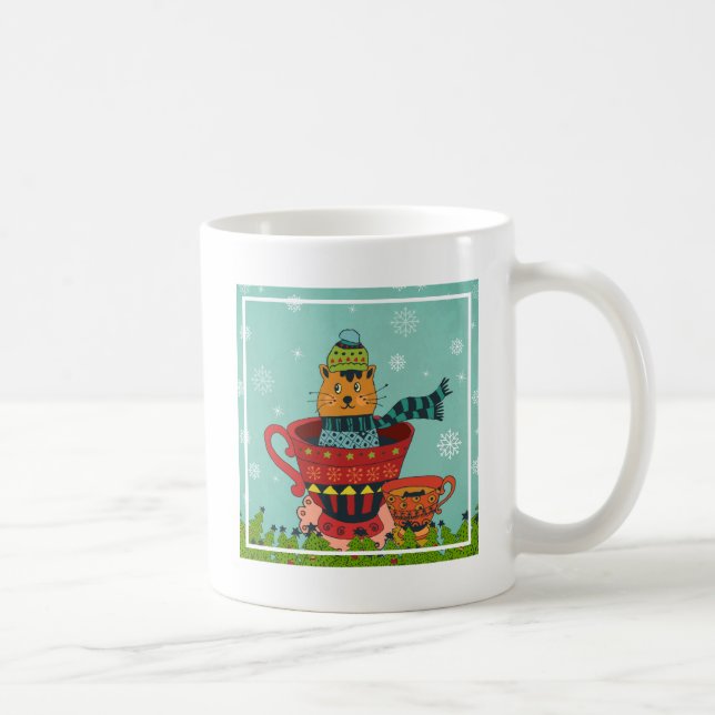 Whimsical Cat Sitting in a Teacup Christmas Coffee Mug (Right)