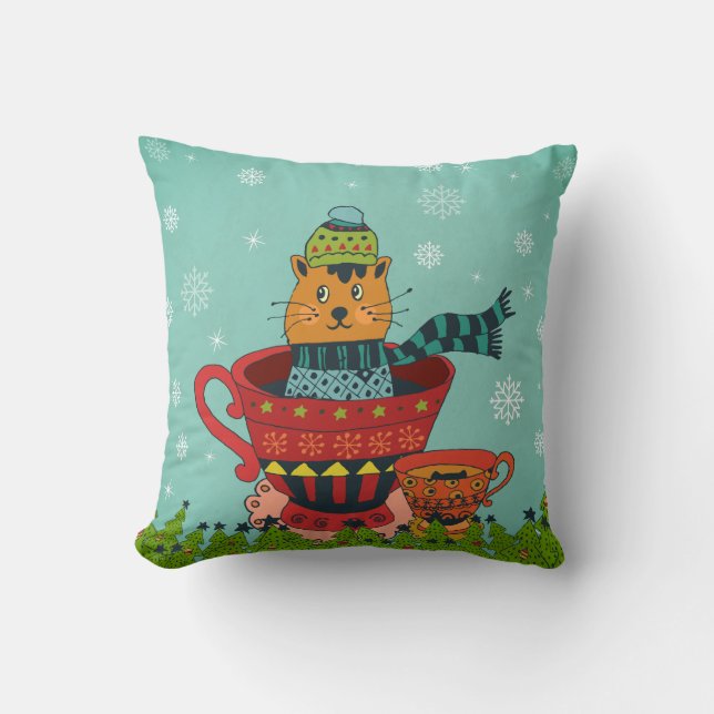 Whimsical Cat Sitting in a Teacup Christmas Cushion (Front)
