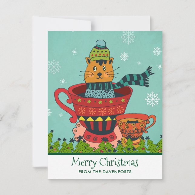 Whimsical Cat Sitting in a Teacup Christmas Holiday Card (Front)