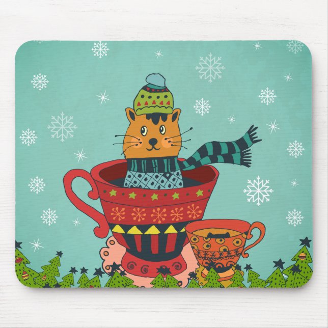 Whimsical Cat Sitting in a Teacup Christmas Mouse Pad (Front)