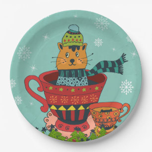 Whimsical Cat Sitting in a Teacup Christmas Paper Plate