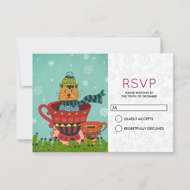 Whimsical Cat Sitting in a Teacup Christmas RSVP Invitation (Front)