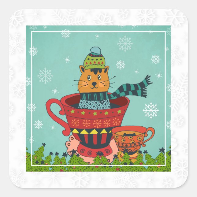 Whimsical Cat Sitting in a Teacup Christmas Square Sticker (Front)
