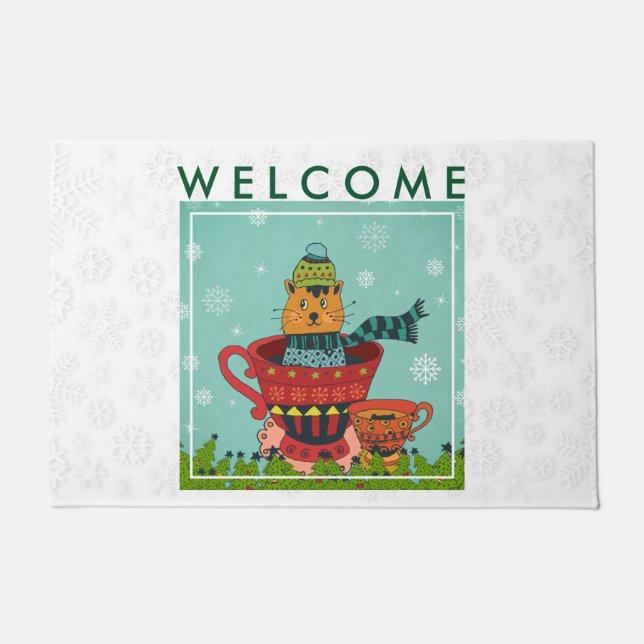 Whimsical Cat Sitting in a Teacup Welcome Doormat (Front)