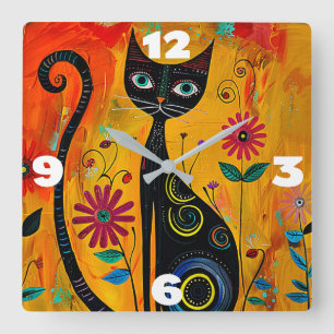 Whimsical Cat Square Wall Clock