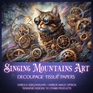 Whimsical Cat Steampunk Galaxy Quest Decoupage  Tissue Paper