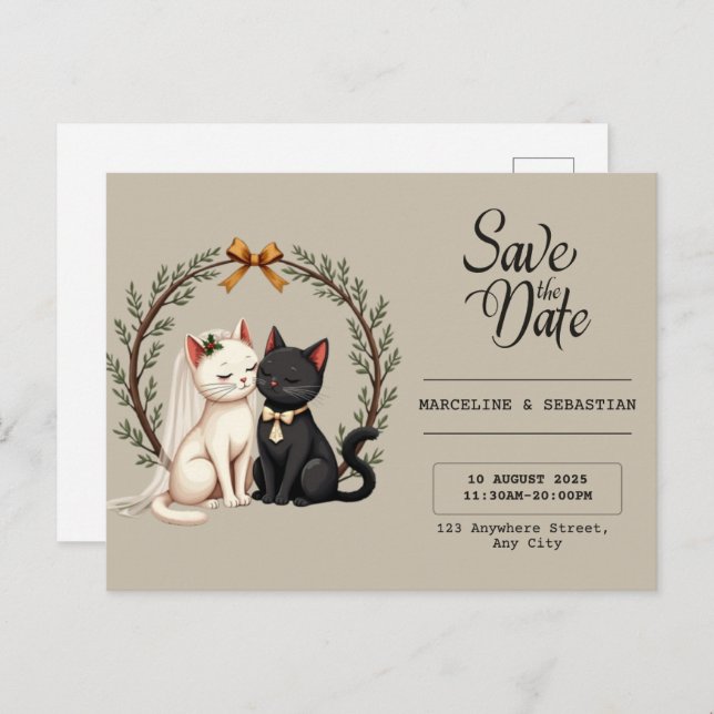 Whimsical Cat Wedding Save the Date  Postcard (Front/Back)