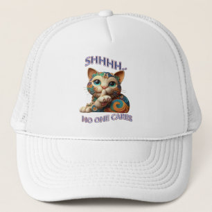 Whimsical Cat Whispers Shhh No One Cares Trucker Hat