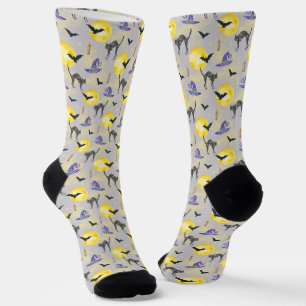 Whimsical Cat & Witch Hat Halloween Socks