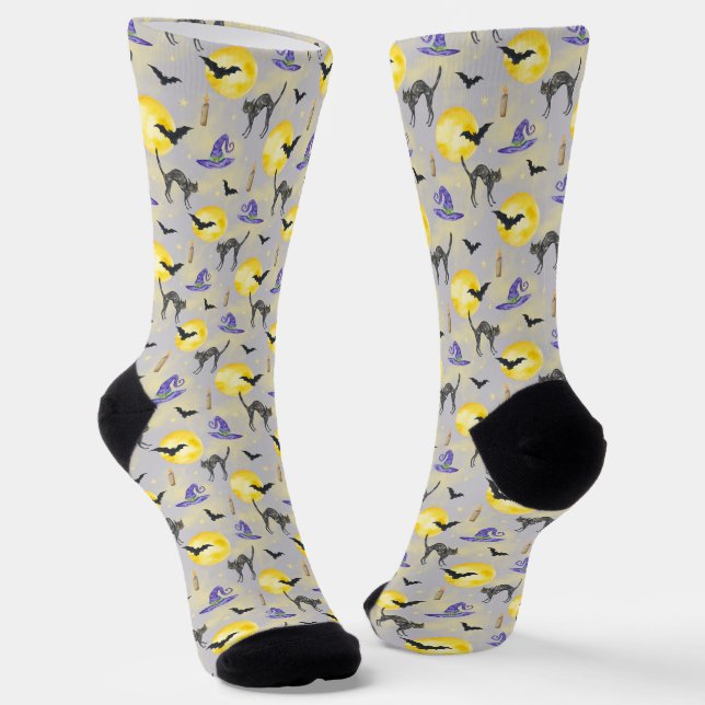 Whimsical Cat & Witch Hat Halloween  Socks (Angled)