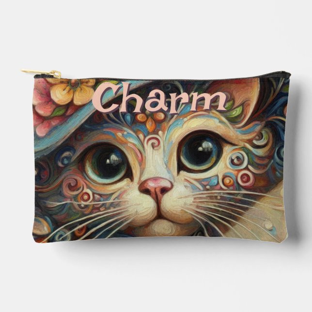 Whimsical Cat with a Hat Floral Personalised Accessory Pouch (Front)