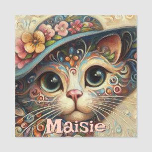 Whimsical Cat with a Hat Floral Personalised Name Tag