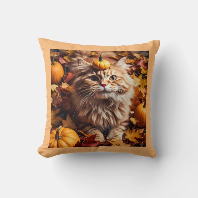 Whimsical Cat with Autumn Pumpkins Throw Pillow (Front)