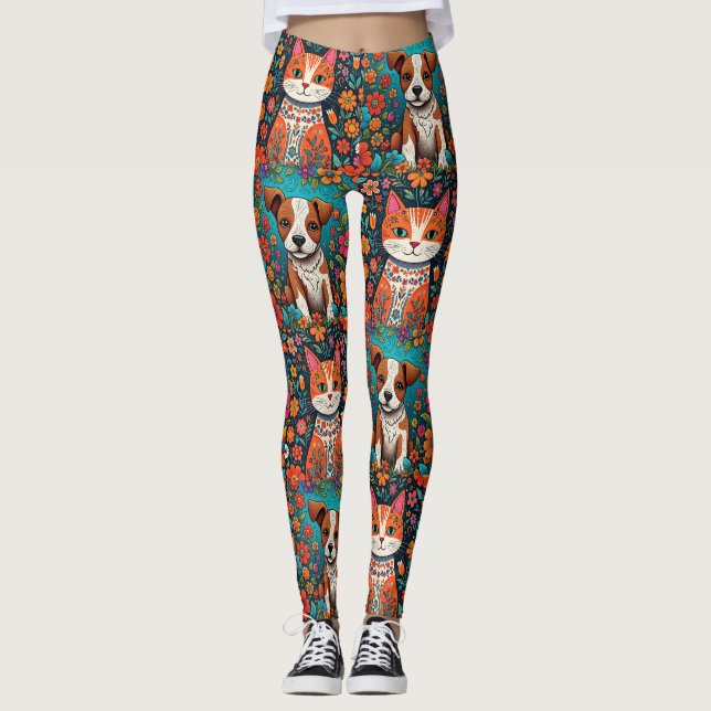 Whimsical Cats and Dog with Folk Art Flowers Leggings (Front)
