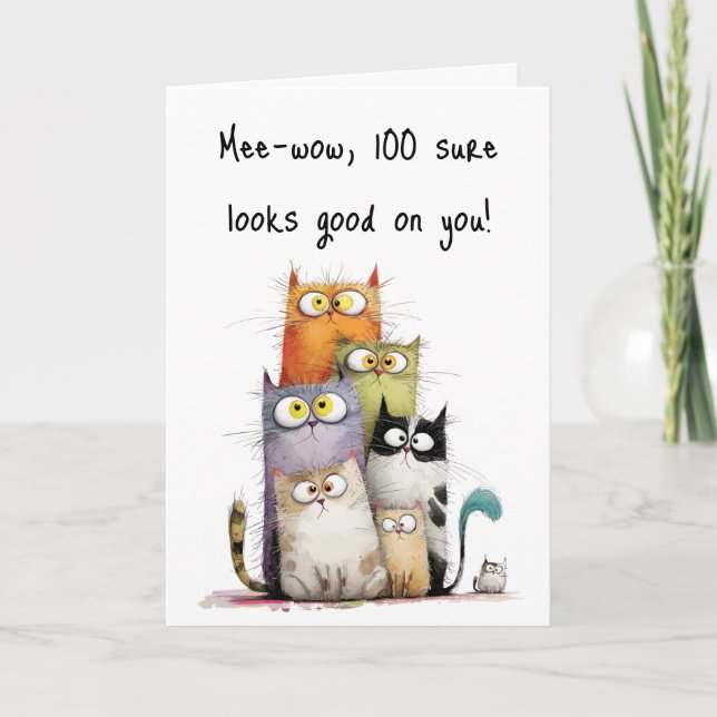 Whimsical Cats Big Eyes 100th Birthday Greeting Card (Front)