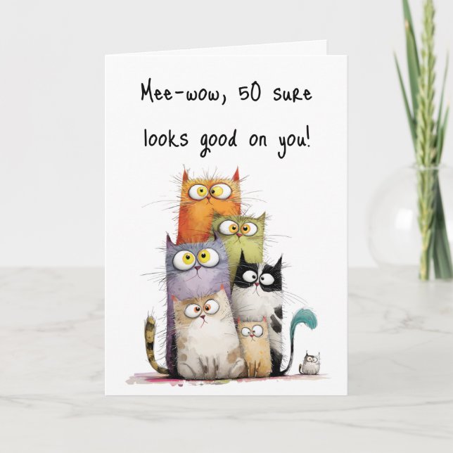 Whimsical Cats Big Eyes 50th Birthday Greeting Card (Front)