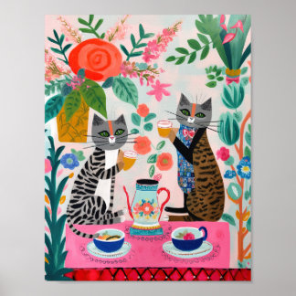 Whimsical Cats Having Tea Poster