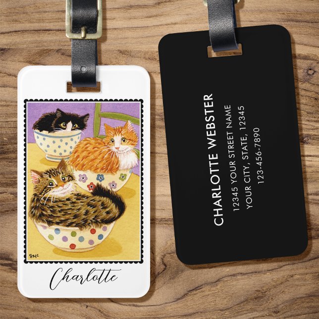 Whimsical Cats in Bowls Custom Name Luggage Tag (Creator Uploaded)