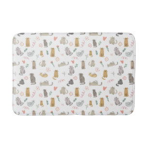 Whimsical Cats Neutral Color Illustration Bath Mat