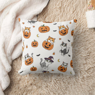 Whimsical Cats & Pumpkins Halloween Throw Pillow