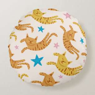 Whimsical Cats & Stars: Kids' Fashion Pattern Round Cushion