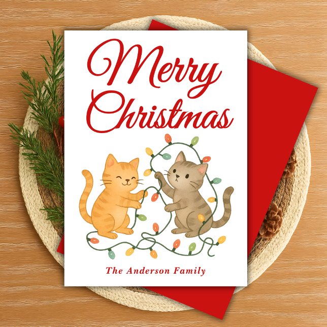 Whimsical Cats Tangling Christmas Lights Holiday Card (Creator Uploaded)