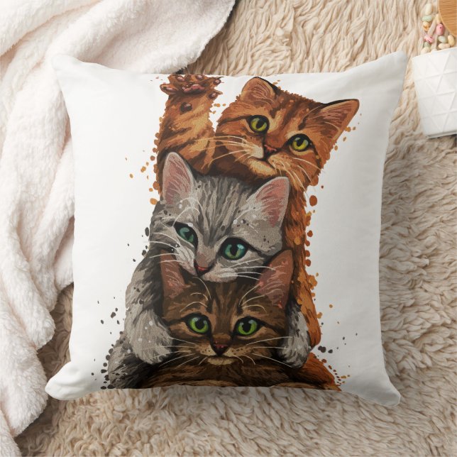 Whimsical Cats Trio: Playful Stacks Cushion (Blanket)