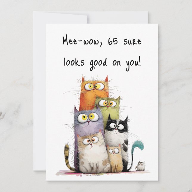 Whimsical Cats with Big Eyes 65th Birthday Flat Card (Front)