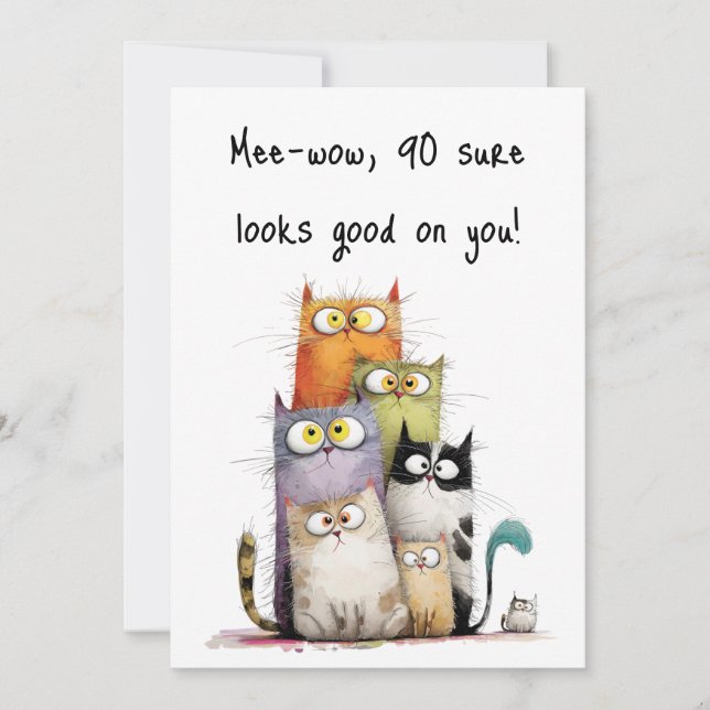Whimsical Cats with Big Eyes 90th Birthday Flat Card (Front)