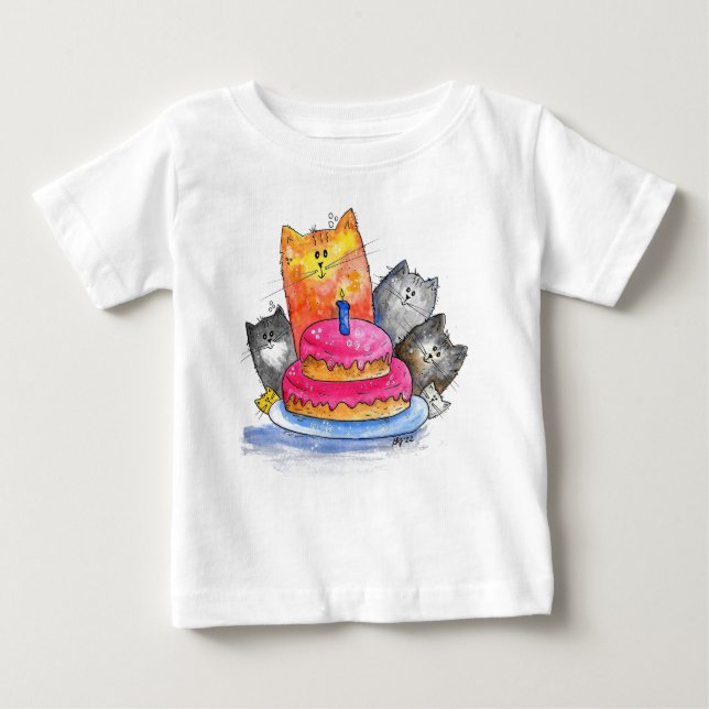 Whimsical Cats with Birthday Cake Baby T-Shirt (Front)
