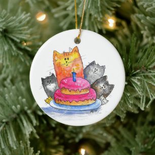 Whimsical Cats with Birthday Cake Ceramic Tree Decoration