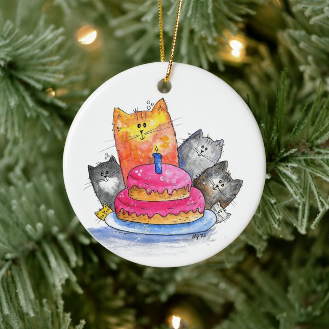 Whimsical Cats with Birthday Cake Ceramic Tree Decoration (Tree)
