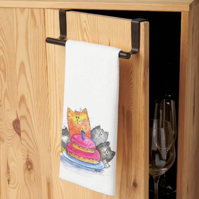 Whimsical Cats with Birthday Cake Tea Towel (Thirds Fold)