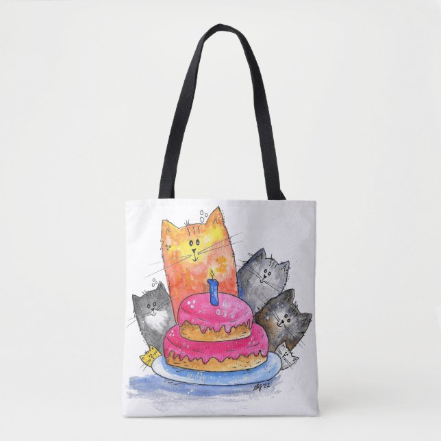 Whimsical Cats with Birthday Cake Tote Bag (Front)