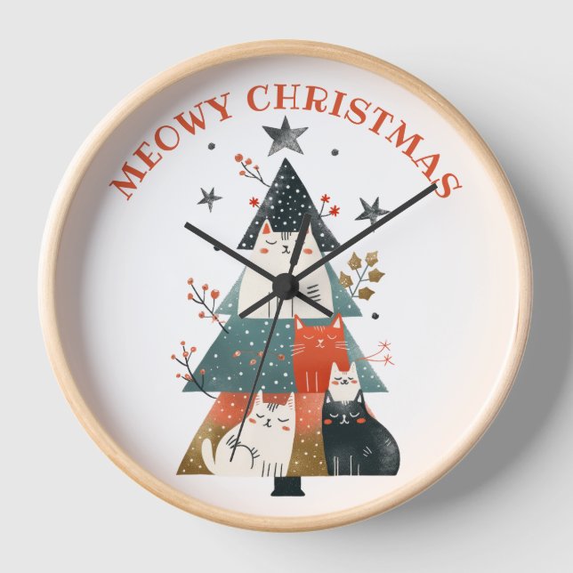 Whimsical Cats Xmas Tree Meowy Christmas Nursery Clock (Front)