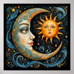 Whimsical Celestial Dream: Moon and Sun. Art Poster