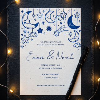 Whimsical Celestial Moon & Stars Doodle Wedding In Invitation